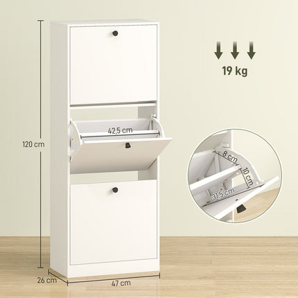 Meuble à chaussures à 3 volets, étagère à chaussures avec séparateur réglable, commode à chaussures, basculeur à chaussures étroit pour 12 paires de chaussures 47 x 26 x 120 cm, blanc |