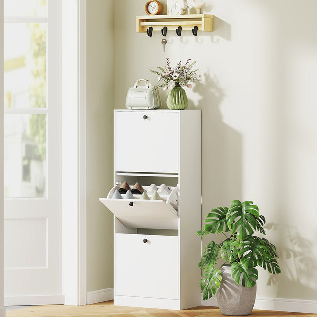 Slim white shoe cabinet - adjustable dividers, holds 12 pairs