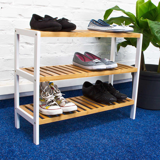 Shoe rack bamboo with 3 shelves brown-white