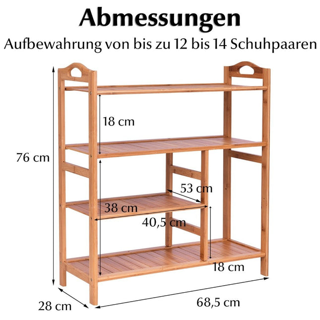 Shoe rack made of bamboo with 4 levels and handle shoe rack shoe storage natural