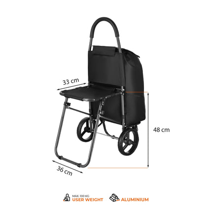 Einkaufstrolley mit Sitz, 40L, Schwarz, Stahlrahmen
