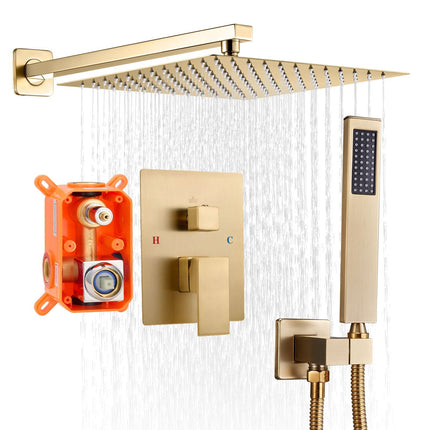 Shower Faucet Set, 10-Inch Square Rain Head, Handheld, Brushed Gold