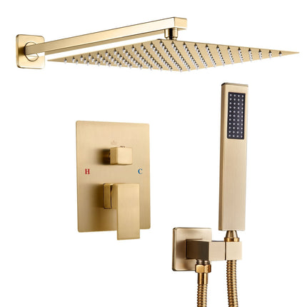 Shower Faucet Set – 12-Inch Square Rain Head, Handheld, Brushed Gold