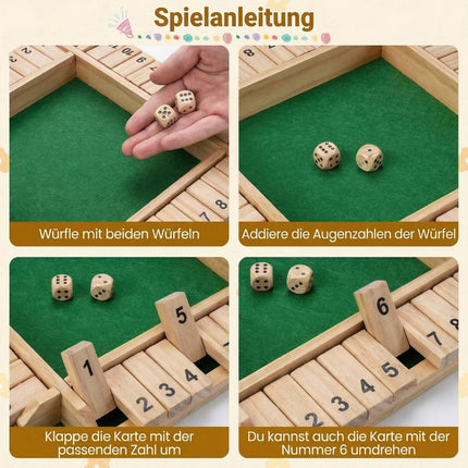Shut The Box Game for 2-4 Players, Pine Wood, Dice Included