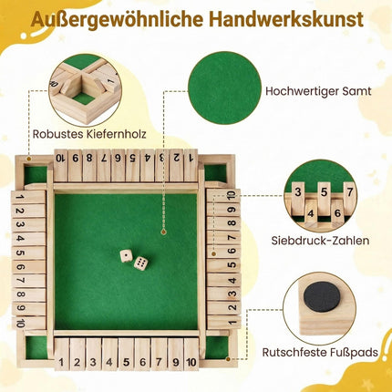 Shut The Box Game for 2-4 Players, Pine Wood, Dice Included