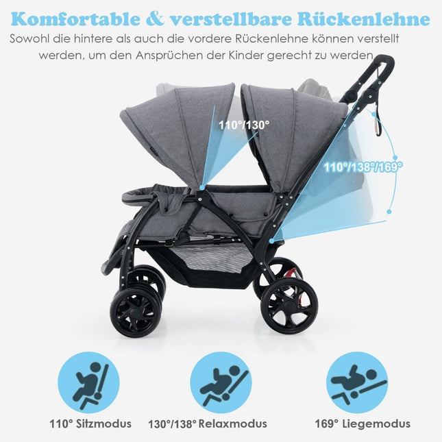Geschwisterkinderwagen faltbar Geschwisterwagen Zwillingskinderwagen Twinbugg Grau