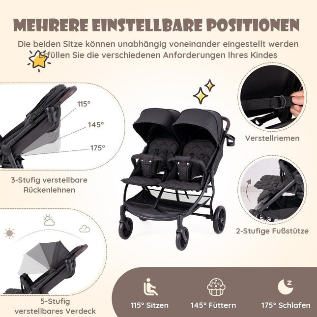 Geschwisterkinderwagen faltbarer Zwillingskinderwagen mit verstellbarer Rückenlehne tragbarer Zwillingsbuggy Dunkelgrau