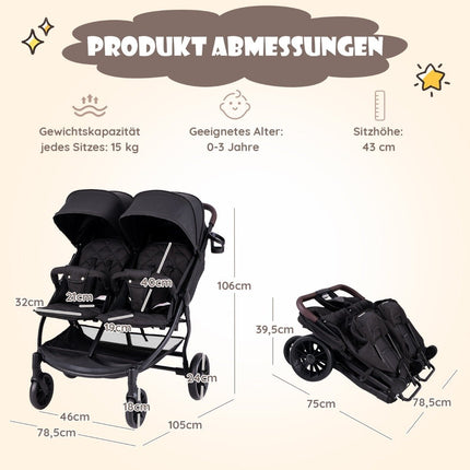 Geschwisterkinderwagen faltbarer Zwillingskinderwagen mit verstellbarer Rückenlehne tragbarer Zwillingsbuggy Dunkelgrau