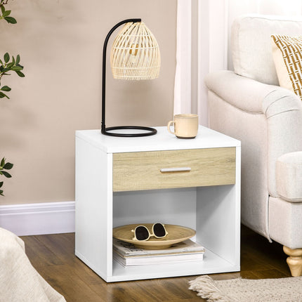 White bedside table with drawer and open compartment
