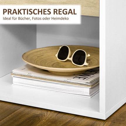 White bedside table with drawer and open compartment