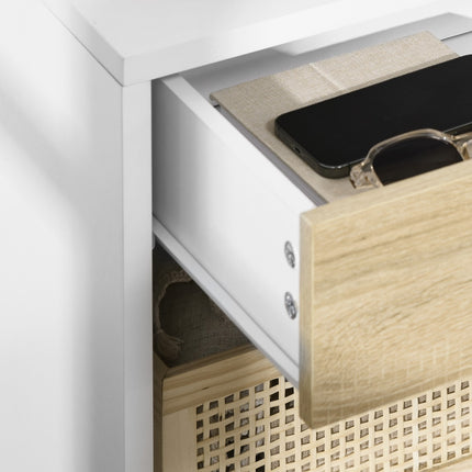 White bedside table with drawer and open compartment