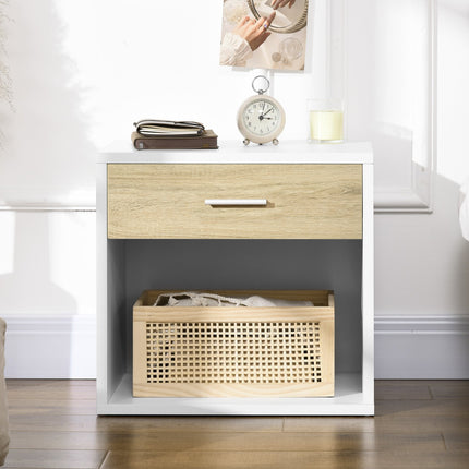 White bedside table with drawer and open compartment