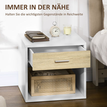 White bedside table with drawer and open compartment