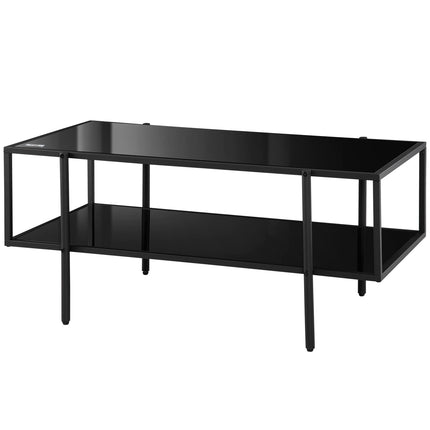 Coffee table in black steel, tempered glass, 2 shelves