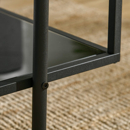 Coffee table in black steel, tempered glass, 2 shelves