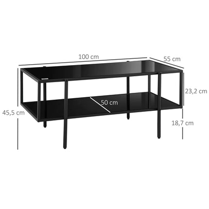 Coffee table in black steel, tempered glass, 2 shelves