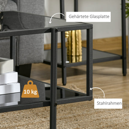 Coffee table in black steel, tempered glass, 2 shelves