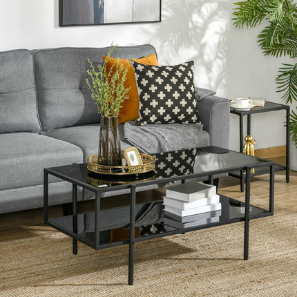 Coffee table in black steel, tempered glass, 2 shelves