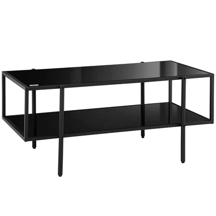 Coffee table in black steel, tempered glass, 2 shelves