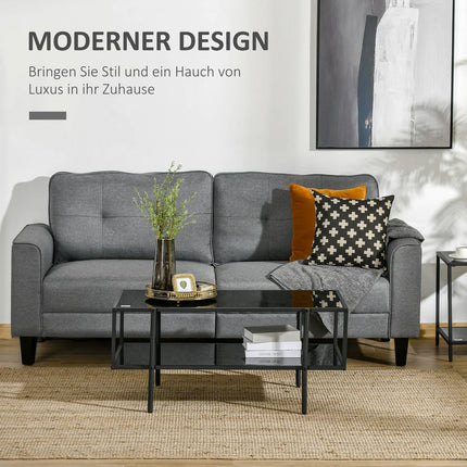 Coffee table in black steel, tempered glass, 2 shelves