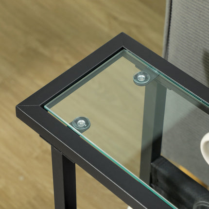 Beistelltisch aus schwarzem Metall und Glas mit Stoffaufbewahrungstasche