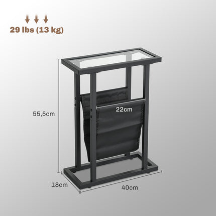 Beistelltisch aus schwarzem Metall und Glas mit Stoffaufbewahrungstasche