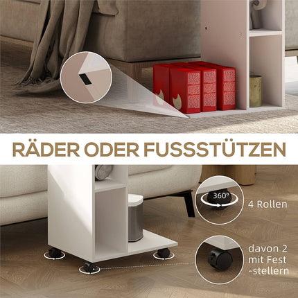 Weißer Couchtisch mit Rollen – multifunktionaler Schreibtisch mit 4 Ablagen