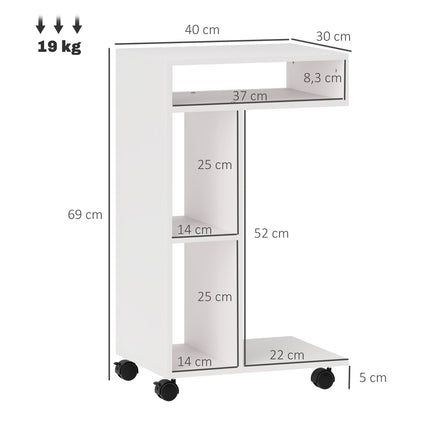 Weißer Couchtisch mit Rollen – multifunktionaler Schreibtisch mit 4 Ablagen