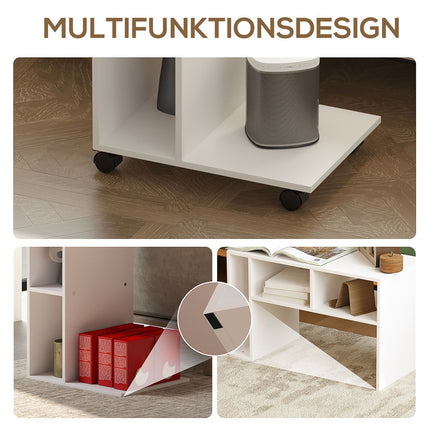 Weißer Couchtisch mit Rollen – multifunktionaler Schreibtisch mit 4 Ablagen