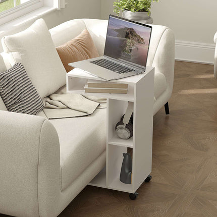 Weißer Couchtisch mit Rollen – multifunktionaler Schreibtisch mit 4 Ablagen