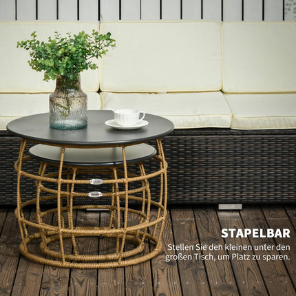2er-Set handgeflochtene Beistelltische, Ø46+Ø60 cm, Sand-Finish