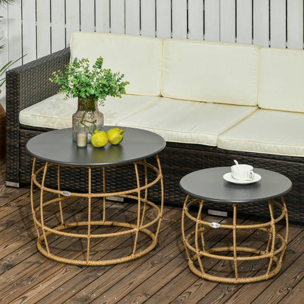 2er-Set handgeflochtene Beistelltische, Ø46+Ø60 cm, Sand-Finish