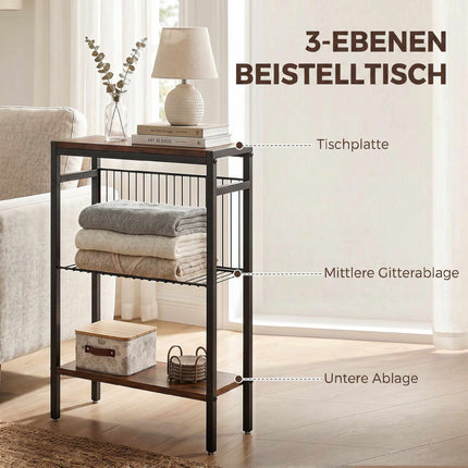 Beistelltisch mit 3 Ablagen, Metallgestell, Rustikalbraun