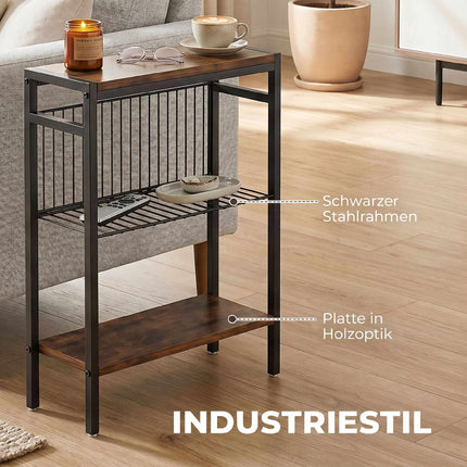 Beistelltisch mit 3 Ablagen, Metallgestell, Rustikalbraun