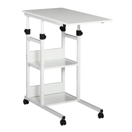 Height-adjustable side table with wheels, 2 shelves, white