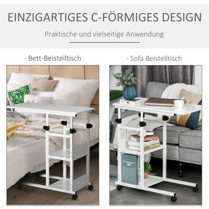 Height-adjustable side table with wheels, 2 shelves, white