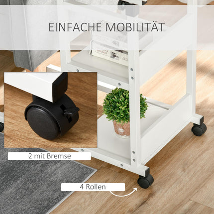 Height-adjustable side table with wheels, 2 shelves, white