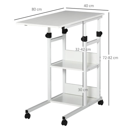 Height-adjustable side table with wheels, 2 shelves, white