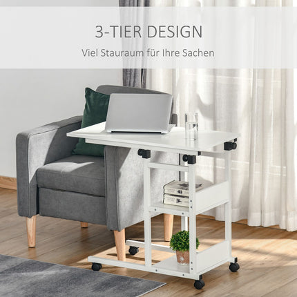 Height-adjustable side table with wheels, 2 shelves, white