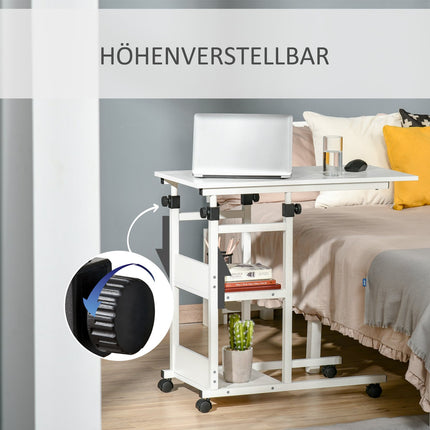 Height-adjustable side table with wheels, 2 shelves, white