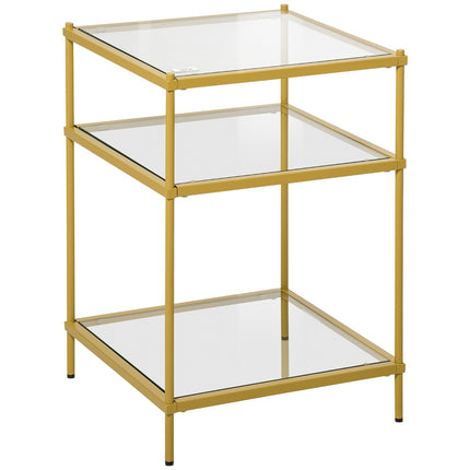 Glass side table with 3 shelves, Steel frame, Gold