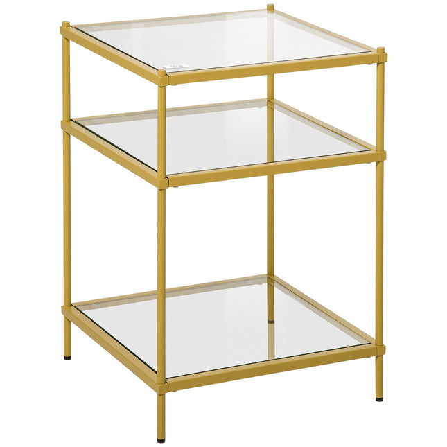Bijzettafel met 3 glazen planken Salontafel Nachtkastje met 3 planken met stalen frame Binnen Buiten Glas Goud 40 x 40 x 60 cm Aosoom