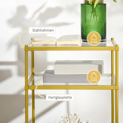 Glass side table with 3 shelves, Steel frame, Gold