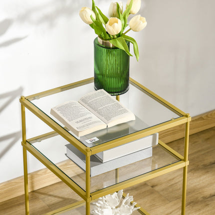 Glass side table with 3 shelves, Steel frame, Gold