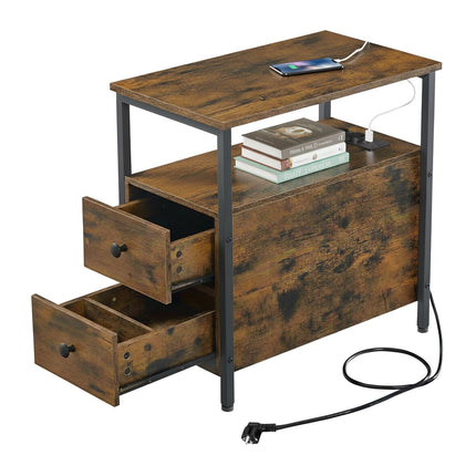 Side Table with Charging Ports, Drawers, and Shelves