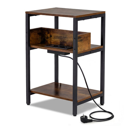 Side Table with Charging Station, 3-Tier, Rustic Brown