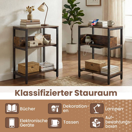 Side Table with Charging Station, 3-Tier, Rustic Brown