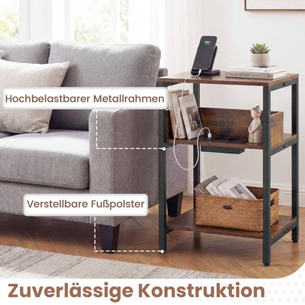 Side Table with Charging Station, 3-Tier, Rustic Brown