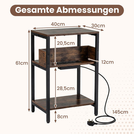 Side Table with Charging Station, 3-Tier, Rustic Brown