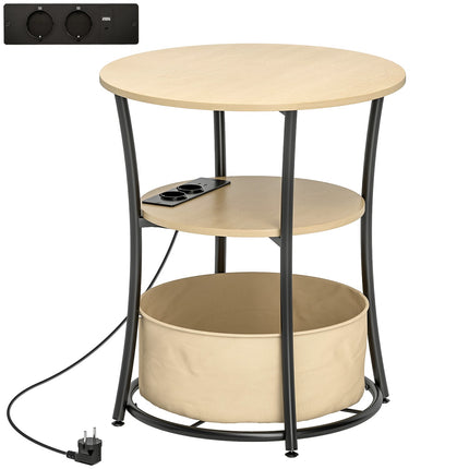 Side Table with Charging Station, 3-Tier Storage, Natural Wood